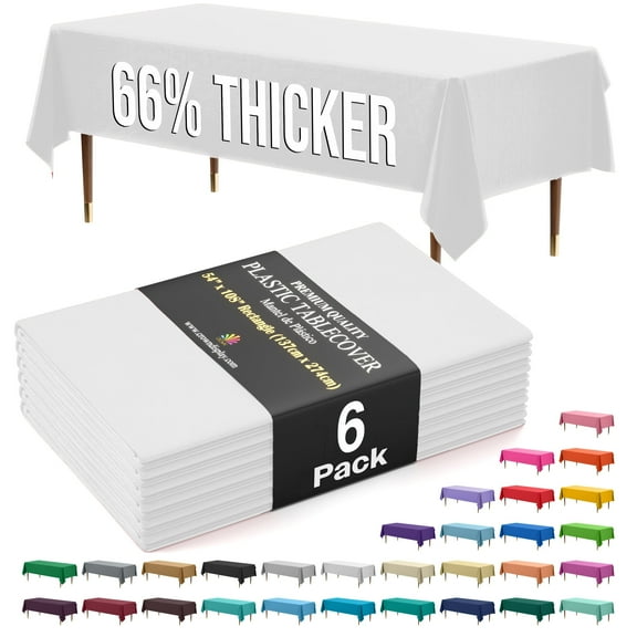 Exquisite 6 Pack Premium Rectangular Plastic Tablecloth Cover 54" x 108" - White