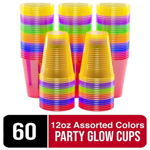 Exquisite 60-Count Multicolor Disposable Plastic Cups, 12 oz, Glow Party