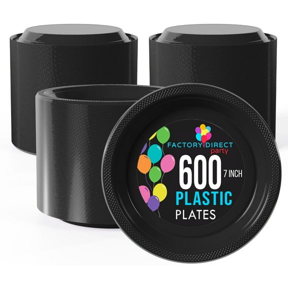 Exquisite 600 Ct Black 7" Plastic Party Plates 350 GSM Heavy Duty Disposable Plate Sets