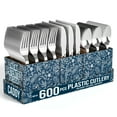thumbnail image 1 of Exquisite 600 Ct Silver Plastic Silverware Set with Floral Caddy, Heavy Duty Disposable Forks Spoons Knives, 1 of 3
