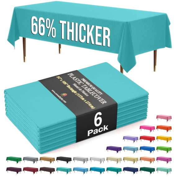 Exquisite 66% Thicker Aqua Plastic Tablecloths, 6 Count, 54" x 108", Rectangle Disposable Table Covers, 0.5 Mil