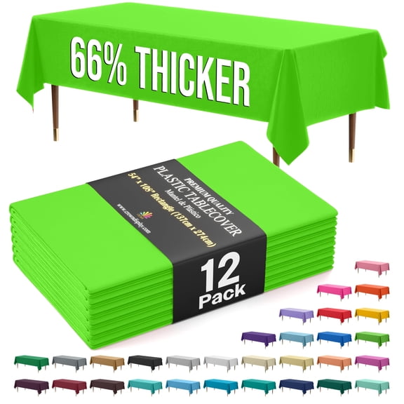 Exquisite 66% Thicker Lime Green Plastic Tablecloths, 12 Count, 54" x 108", Rectangle Disposable Table Covers, 0.5 Mil