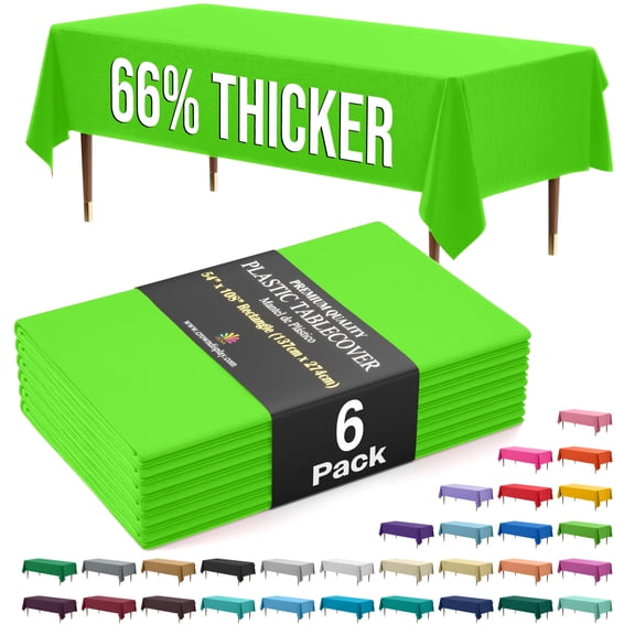 Exquisite 66% Thicker Lime Green Plastic Tablecloths, 6 Count, 54" x 108", Rectangle Disposable Table Covers, 0.5 Mil