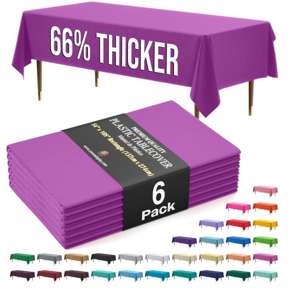 Exquisite 66% Thicker Magenta Plastic Tablecloths, 6 Count, 54" x 108", Rectangle Disposable Table Covers, 0.5 Mil