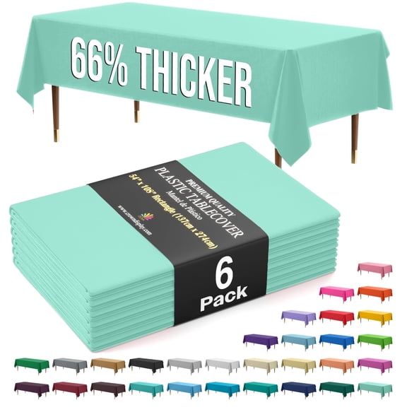 Exquisite 66% Thicker Mint Plastic Tablecloths, 6 Count, 54" x 108", Rectangle Disposable Table Covers, 0.5 Mil