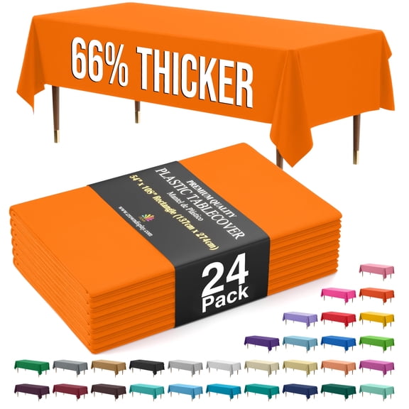 Exquisite 66% Thicker Orange Plastic Tablecloths, 24 Count, 54" x 108", Rectangle Disposable Table Covers, 0.5 Mil
