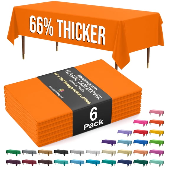 Exquisite 66% Thicker Orange Plastic Tablecloths, 6 Count, 54" x 108", Rectangle Disposable Table Covers, 0.5 Mil