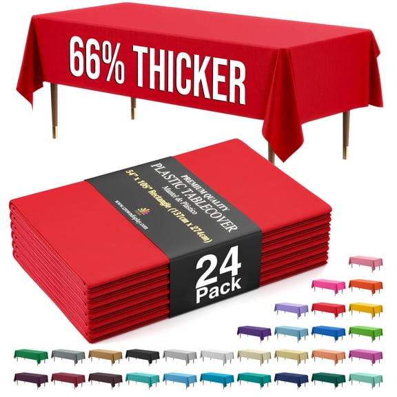 Exquisite 66% Thicker Red Plastic Tablecloths, 24 Count, 54" x 108", Rectangle Disposable Table Covers, 0.5 Mil