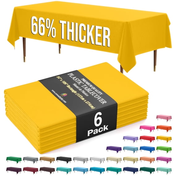 Exquisite 66% Thicker Yellow Plastic Tablecloths, 6 Count, 54" x 108", Rectangle Disposable Table Covers, 0.5 Mil