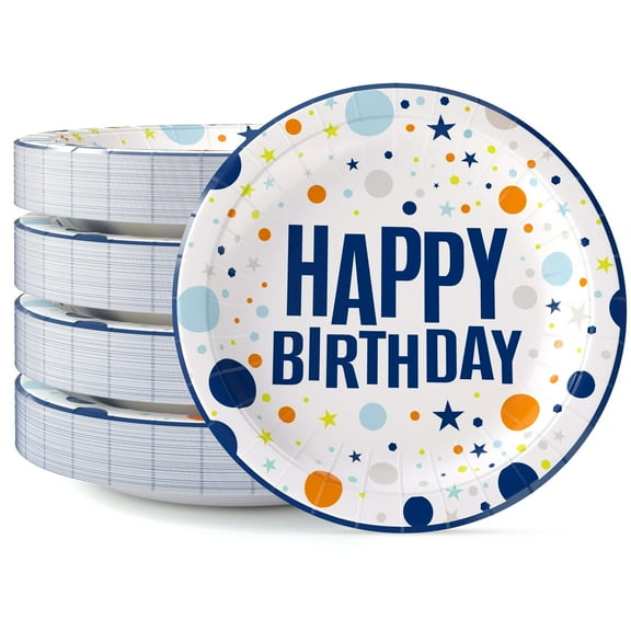 Exquisite 7 In. Blue Birthday Print Paper Plates - 50 Ct.