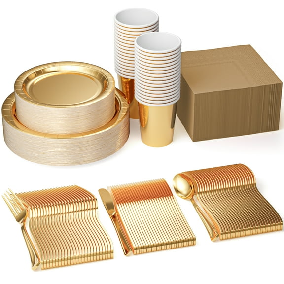 Exquisite 700 Pcs Gold Dinnerware Party Pack Gold Paper Plate Cup Combo