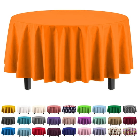 Exquisite 84" Round Tablecloth Cover - Orange Disposable Plastic Tablecloth - Heavy Duty Premium Plastic Disposable Table Cloth Round, 1 Count