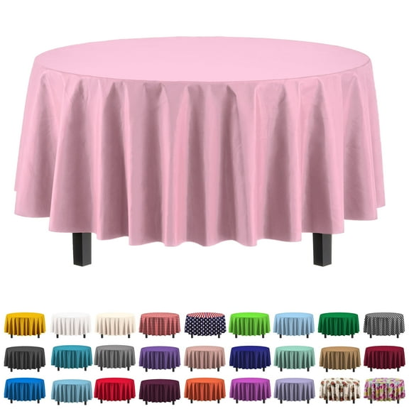 Exquisite 84" Round Tablecloth Cover - Pink Disposable Plastic Tablecloth - Heavy Duty Premium Plastic Disposable Table Cloth Round, 1ct