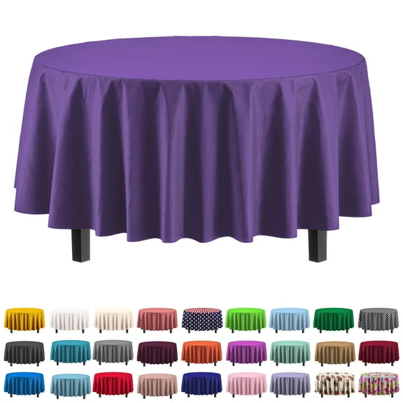 Exquisite 84" Round Tablecloth Cover - Purple Disposable Plastic Tablecloth - Heavy Duty Premium Plastic Disposable Table Cloth Round, 1 count