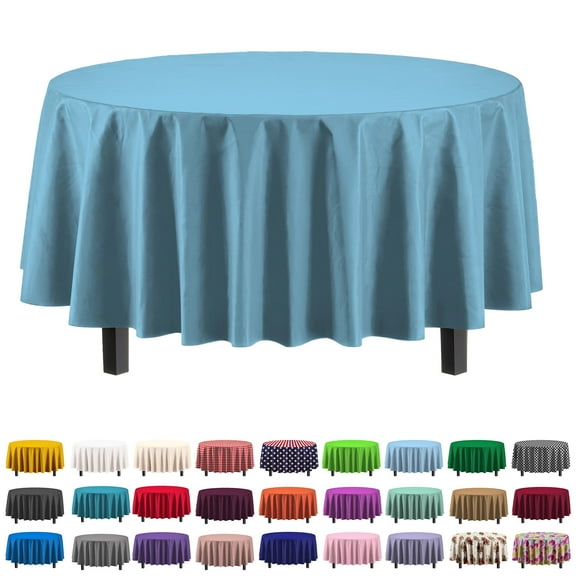 Exquisite 84” Round Tablecloth Cover - Sky Blue Disposable Plastic Tablecloth - Heavy Duty Premium Plastic Disposable Table Cloth Round, 1ct