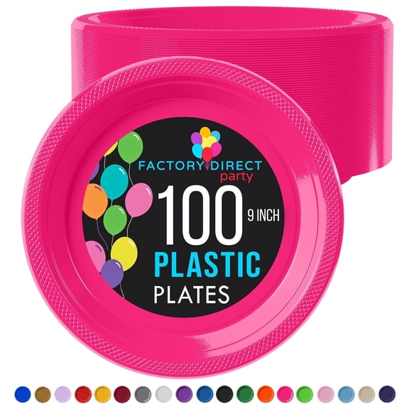 Exquisite 9" Hot Pink Disposable Party Plastic Plates, 100 Count, Heavy Duty 350 GSM Plate