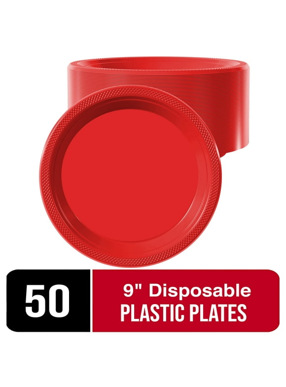 Exquisite 9" Disposable Plates - 50 Count Party Plastic Plates - Red