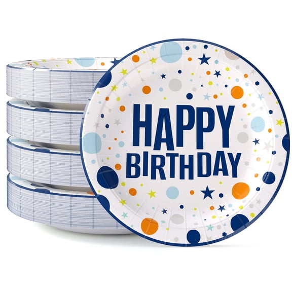 Exquisite 9 In. Blue Birthday Print Paper Plates - 50 Ct.