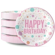 Exquisite 9 In. Pink Birthday Print Party Paper Plates - 100 Ct.