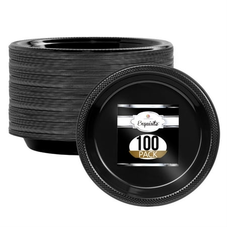 Exquisite 9" Plastic Disposable Lunch & Dinner Plates Bulk - 100 Count Party Pack, Black