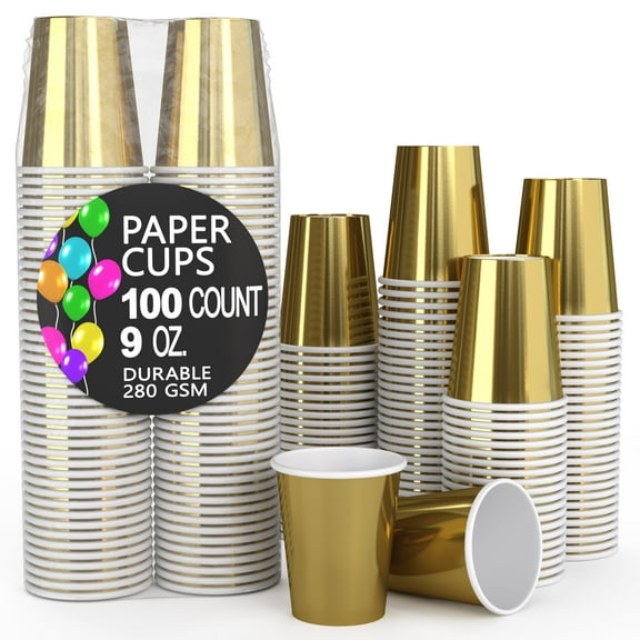 Exquisite 9 oz Metallic Gold Disposable Paper Cups, 100 Count