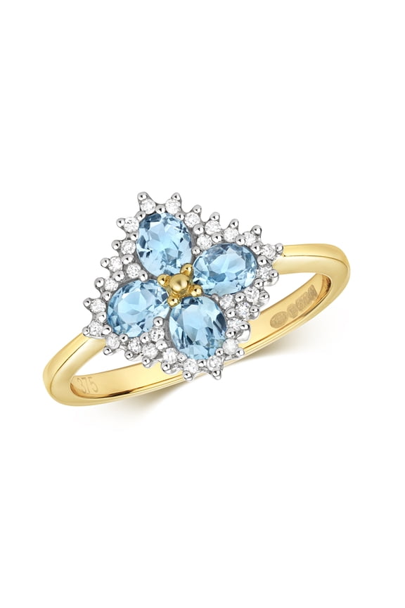 Exquisite 9k Gold Women Flower Diamond Ring Brilliant Cut 0.11 Carat H - PK with Blue Topaz