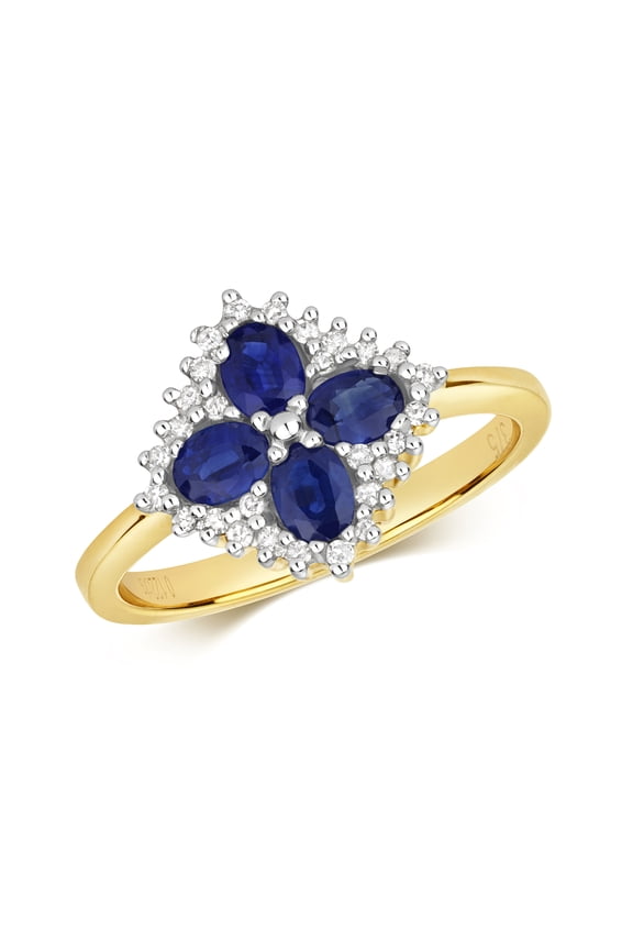 Exquisite 9k Gold Women Flower Diamond Ring Brilliant Cut 0.11 Carat H - PK with Sapphire