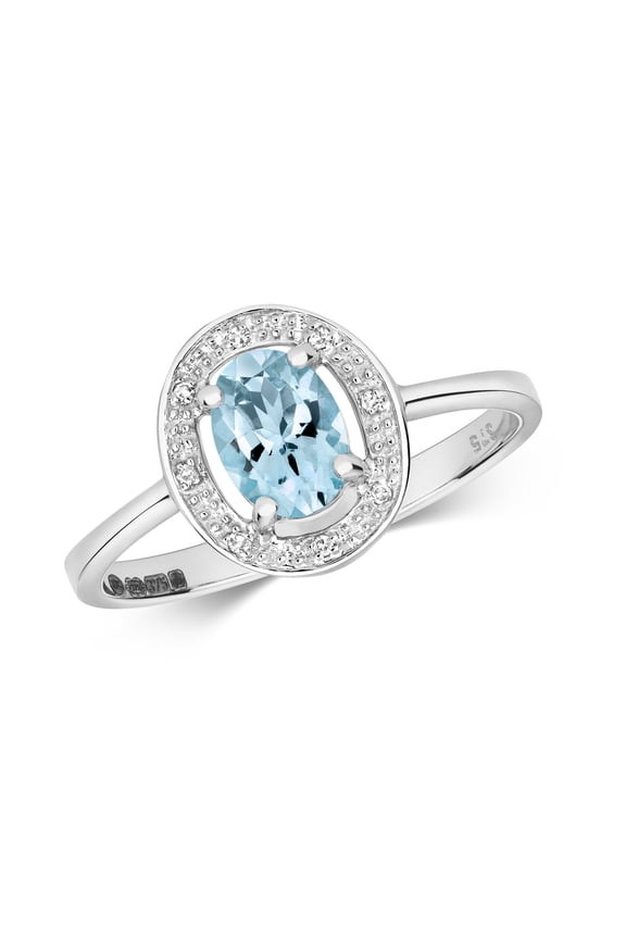 Exquisite 9k White Gold Women Diamond Solitaire Ring Brilliant Cut H - PK with Aquamarine