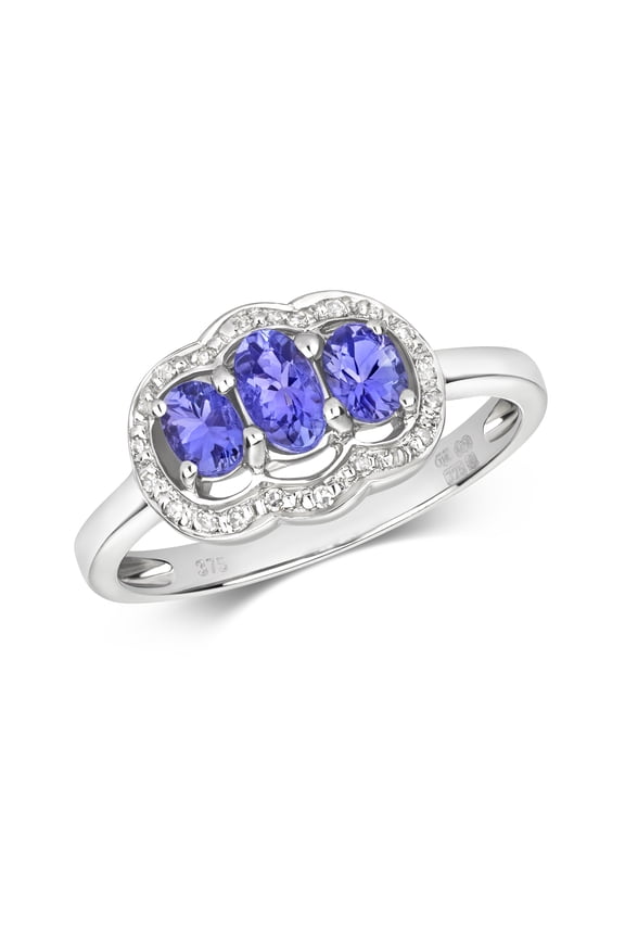 Exquisite 9k White Gold Women Trilogy Diamond Ring Brilliant Cut 0.07 Carat H - PK with Tanzanite