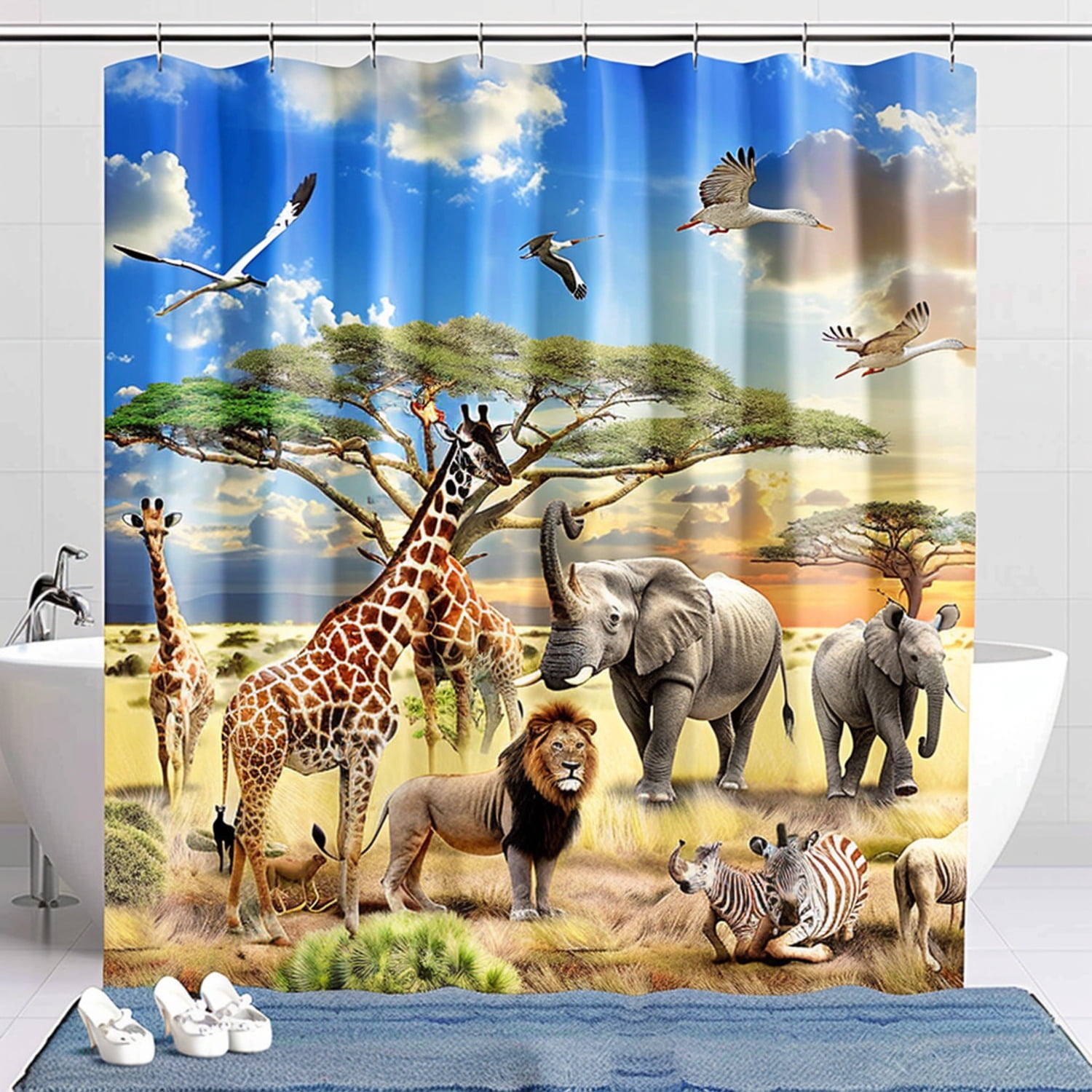Exquisite African Wildlife Shower Curtain Set Big Five Safari Animals in Savanna Landscape ...