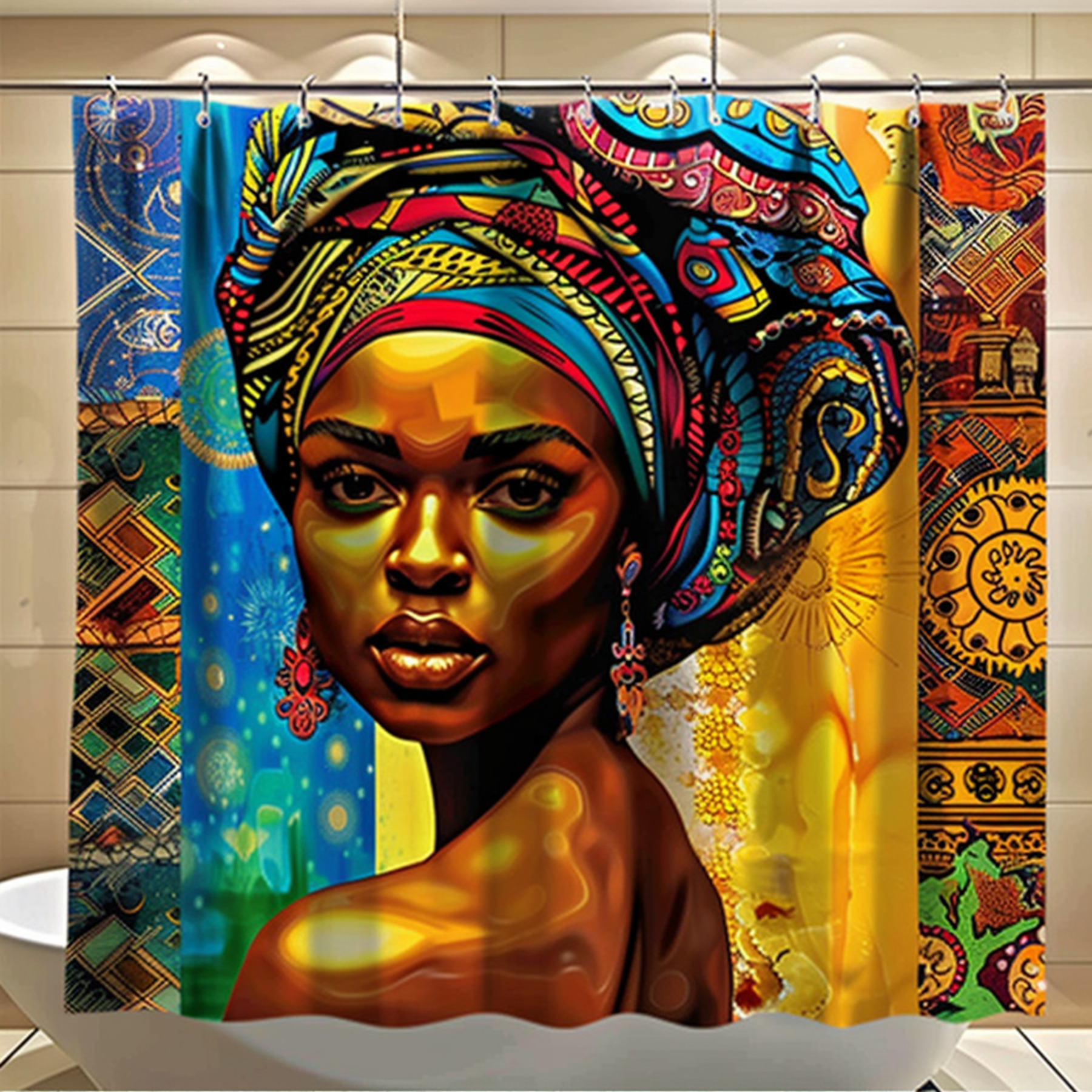 Exquisite Afrocentric Shower Curtain Featuring Vibrant African American Woman in Traditional