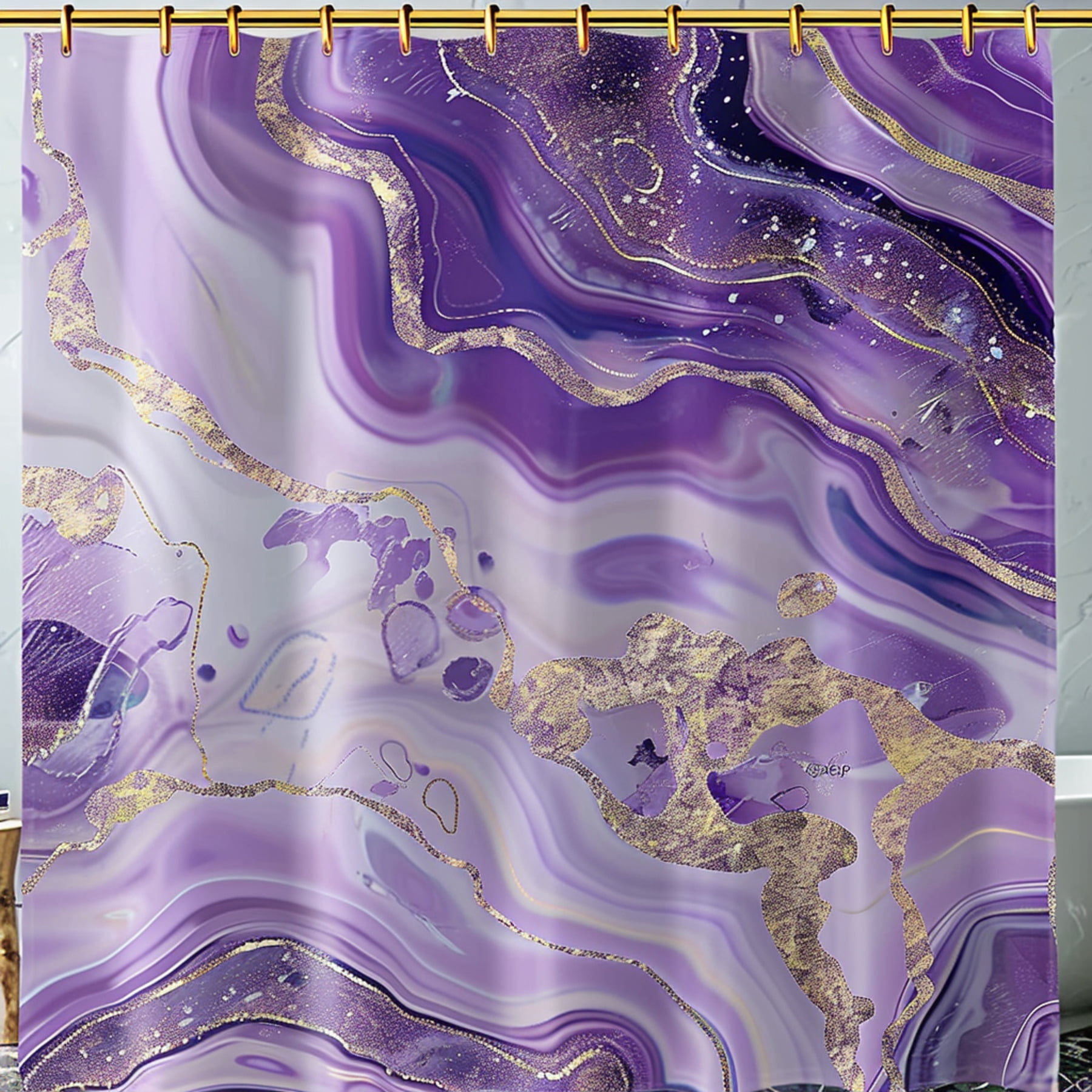 Exquisite Agate Purple & White Shower Curtain with Gold Glitter Elevate