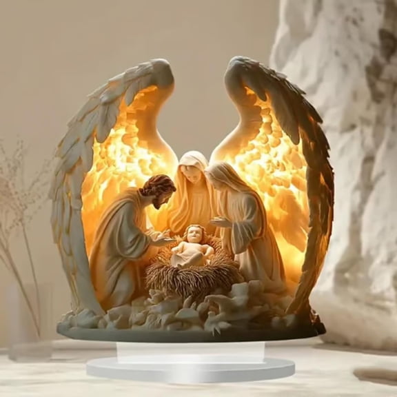 Exquisite Angel Wing Nativity Scene Acrylic Ornament With Led Light, Holy Family Figurine (Mary Joseph Baby Jesus) Decorative Accent, Christmas Home Office Gift Desktop Display