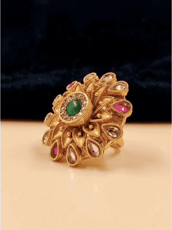 Exquisite Antique Gold Plated Floral Cocktail Ring with Emerald and Ruby CZ Stones for Women (Pack of 1)