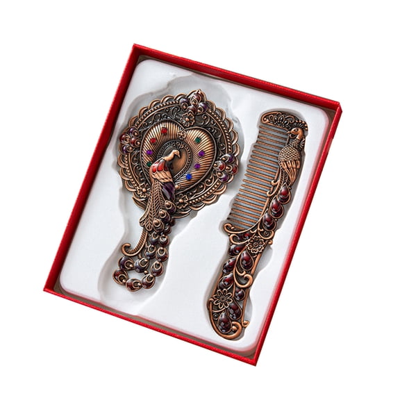 Exquisite Antique-Style Handheld Mirror & Comb Set – Intricate Peacock & Flower Pattern on Metal Frame, Perfect for Makeup, Bridal Gifts & Home Decor