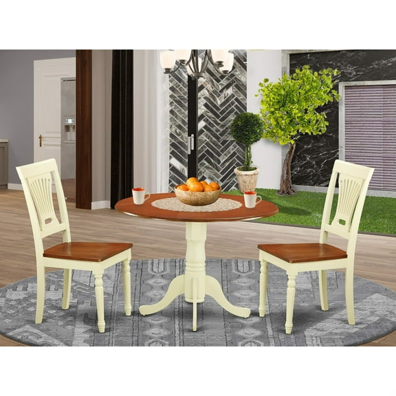 Exquisite Asian Hardwood Drop Leaf Kitchen Dining Set - Black/Buttermilk & Cherry. Round Table with 2 Drop Leaves, 42W X 30H. Includes 2 Elegant Chairs.