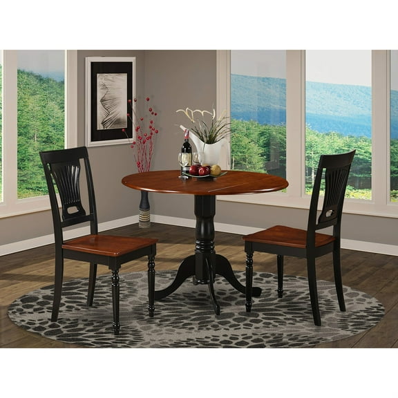 Exquisite Asian Hardwood Drop Leaf Kitchen Dining Set - Black & Cherry. Round Table with 2 Drop Leaves, 42W X 30H. Solid Black Pedestal. Elegant Hardwood Chairs.