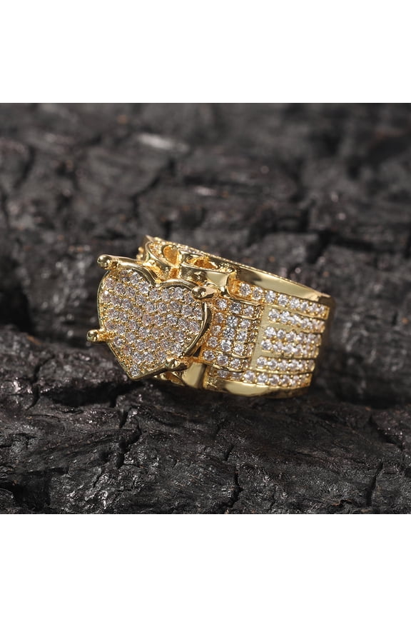 Exquisite Big Heart Ring 5A CZ Micro Pave Cubic Zirconia 14K Yellow Gold Ring Fully Iced Out Bling Hip Hop Punk Men Women Jewelry