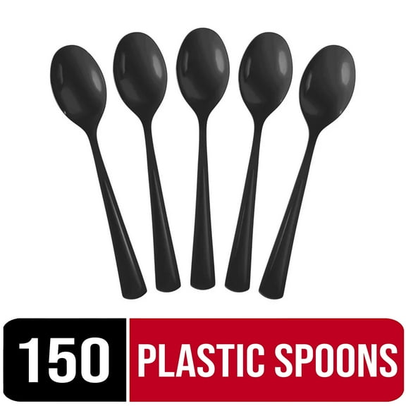 Exquisite Black Disposable Spoons - Black Plastic Spoons - 150 Count