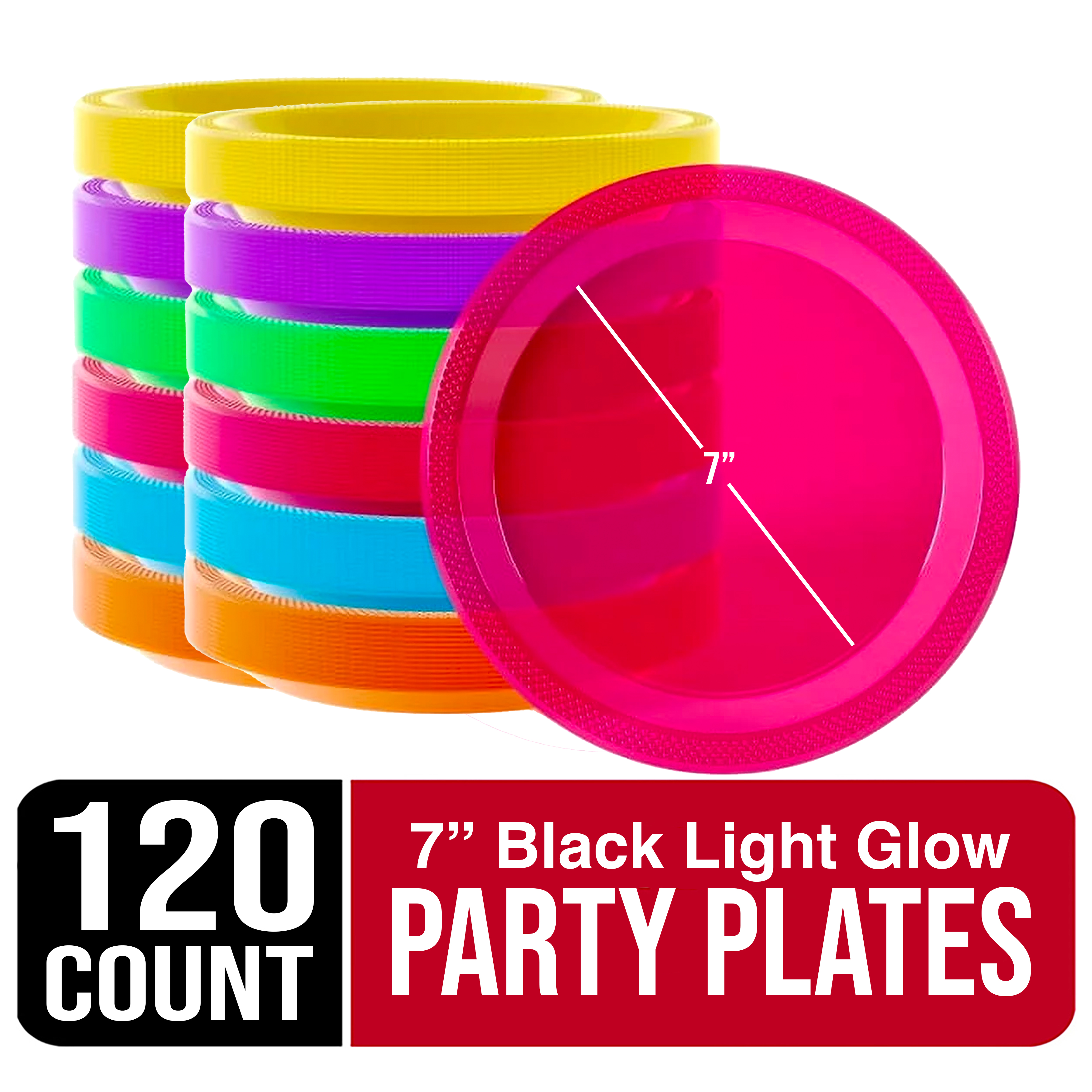 Exquisite Black Light Glow Party Plates - 7 Inch. - Assorted Colors - 120  count 