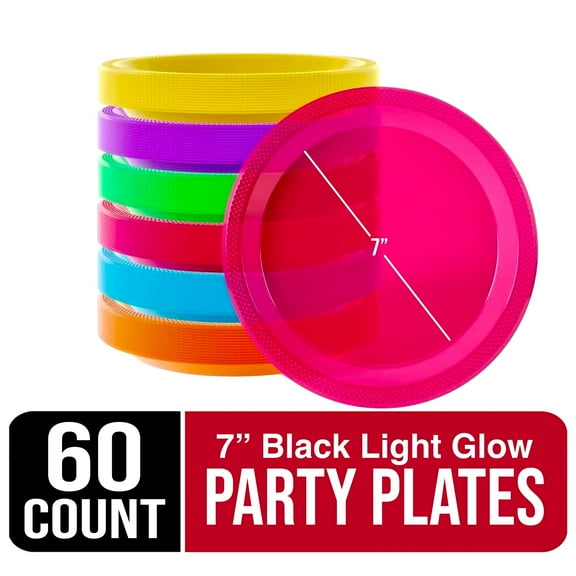 Exquisite Black Light Glow Party Plates - 7 Inch. - Assorted Colors - 60 count
