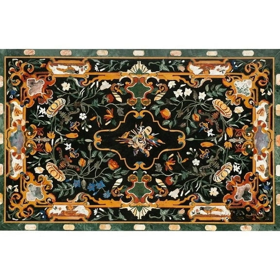 Exquisite Black Marble Inlay Dining Table Handmade Semi Precious Stone Pietra Dura Inlay Work for Center Table Art Decor