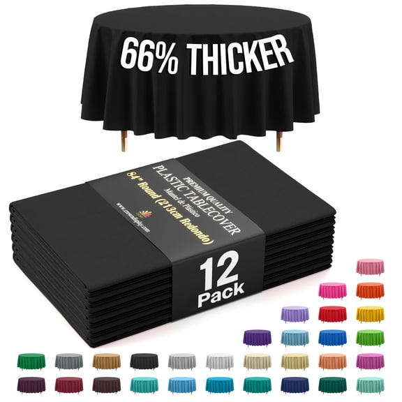 Exquisite Black Round Plastic Tablecloths, 84 Inch, 12 Count, 66% Thicker Premium Disposable Table Covers