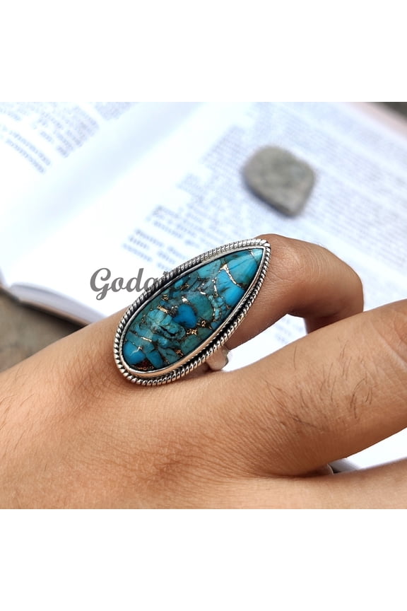 Exquisite Blue Copper Turquoise Ring – Long Pear Full Finger Statement Ring