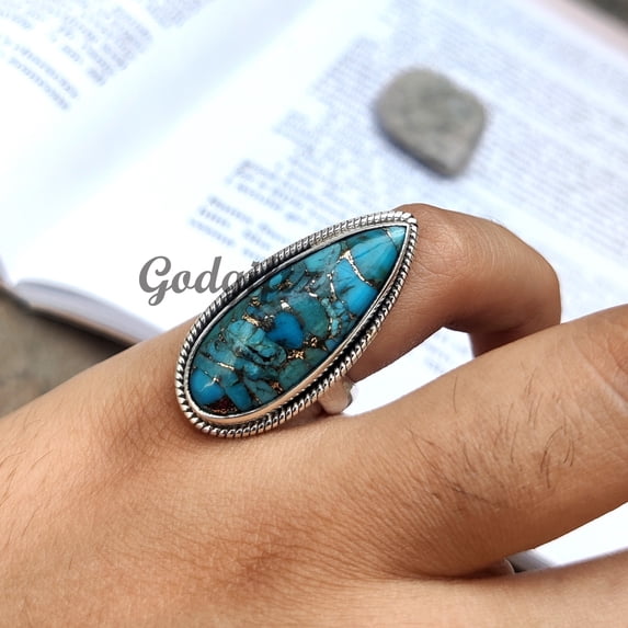 Exquisite Blue Copper Turquoise Ring – Long Pear Full Finger Statement Ring