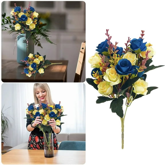 Exquisite Blue and Yellow Flowers Artificial,12 Head Two Color Rose Flowers,Roses Bouquets for Party Table Decoration Realistic Bouquet Arrangement Boho Flowers for Wedding