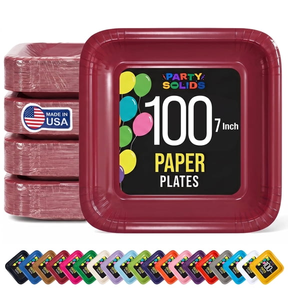 Exquisite Burgundy Square Paper Plates, 7", 100 Count, Heavy Duty 350 GSM, Disposable Party Plates