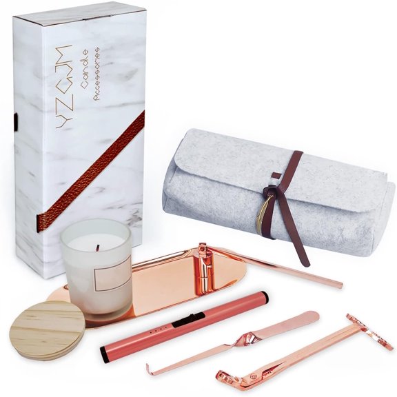 Exquisite Candle Accessories Tool Pack Bag, Rechargeable Electric Lighter Wick Trimmer, Dipper, Snuffer and Tray Holder Elegant Kit Gift for Candle Lovers in Dating, Valentines Decor. (Rose Gold)