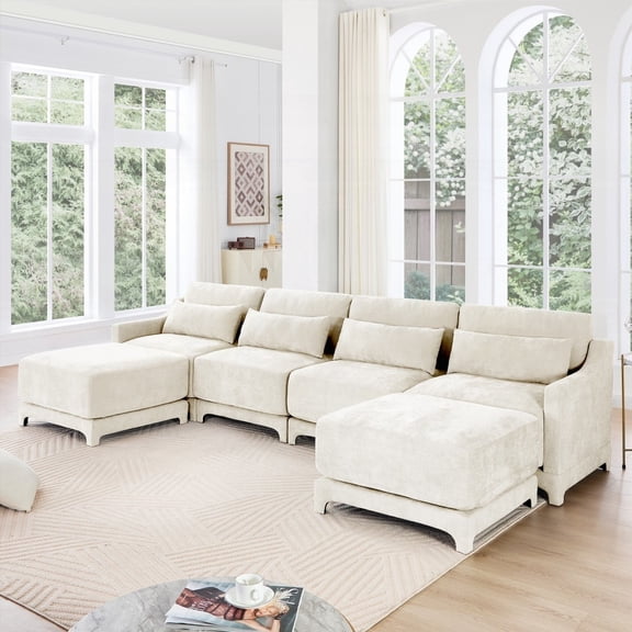 Exquisite Chenille 4-seater Sofa with Ergonomic Design & Ottoman|Beige