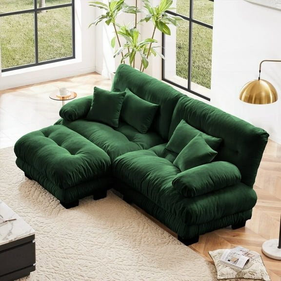 Exquisite Chenille Green Cloud Couch Sectional Sofa with 2 Lumbar & 2 Throw Pillows